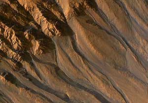Imagen con falso color de antiguos torrentes formados en un cr�ter de Marte (Foto: NASA/JPL/University of Arizona)