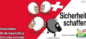 Cartel suizo con la leyenda "Crear seguridad", donde una oveja blanca da una patada y expulsa a otra negra. (Foto: EL MUNDO)