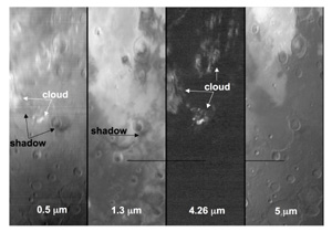 Imágenes de la superficie de Marte con las nubes de dióxido y sus correspondientes sombras señaladas (Foto: ESA / OMEGA TEAM) Imágenes de la superficie de Marte con las nubes de dióxido y sus correspondientes sombras señaladas (Foto: ESA / OMEGA TEAM)