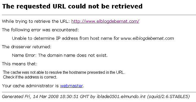 Captura del mensaje de error del blog.