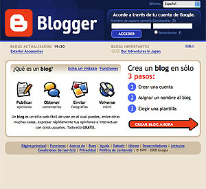 Pantalla de inicio de Blogger, uno de los sitios de publicación de blogs más populares. Pantalla de inicio de Blogger, uno de los sitios de publicación de blogs más populares.