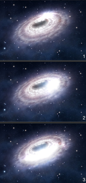 Recreaci&oacute;n art&iacute;stica del desgarramiento gradual de nubes de gas en las cercan&iacute;as del agujero negro de la V&iacute;a L&aacute;ctea. (Foto: CSIC)