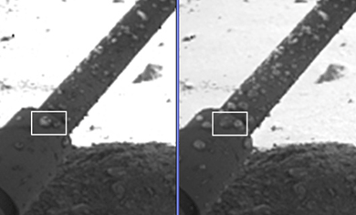 Imágenes enviadas por la Phoenix de posibles gotas de agua en Marte. | NASA