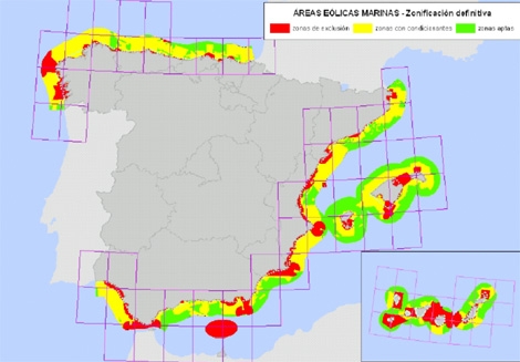 Mapa elaborado por Medio Ambiente e Industria con las zonas aptas para la energía eólica marina. (Imagen. MMRM)