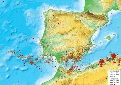 Mapa de sismicidad en la Península. | Instituto Geográfico Nacional.