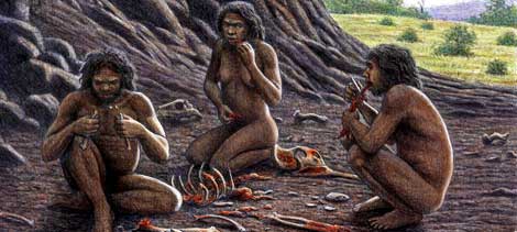 Grupo de humanos prehistóricos, aprovechando la carne con utensilios de piedra. |Mauricio Antón