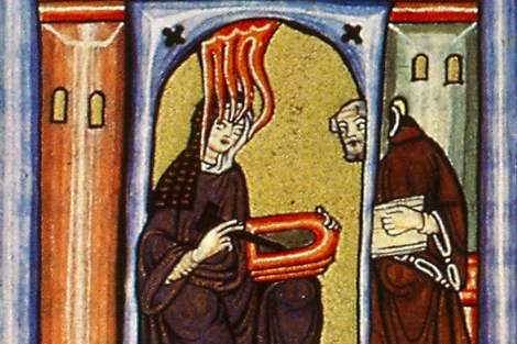 Hildegarda de Bingen en su monasterio con el monje Volmar en un manuscrito del siglo XII.