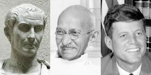 Julio César, Mahatma Gandhi y John Fitzgerald Kennedy, tres célebres líderes asesinados.