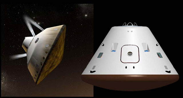 La nave MSL en la que viajó 'Curiosity' (i) y la cápsula Orión (d), la próxima nave tripulada de la NASA.
