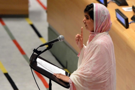 La estudiante paquistaní Malala Yousafzai habla en las Naciones Unidas.| Afp