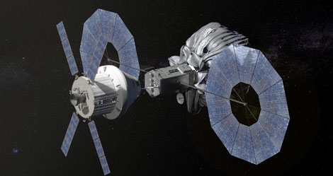 La nave 'Orion', en la que irían los astronautas, se acopla al vehículo robótico que capturará el asteroide.| NASA