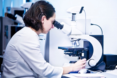 Una investigadora trabaja al microscopio. | Fundación Barrié