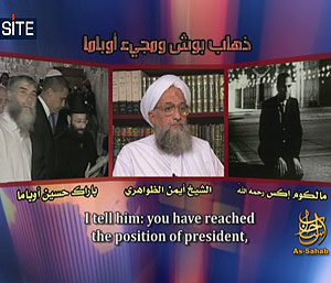 Imágenes de Al Zawahiri junto a la transcripción de su grabación. (Foto: Instituto SITE)